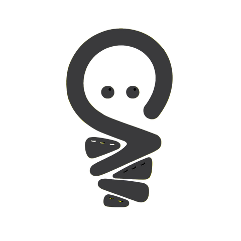 Black and white illustration of a cartoon-like character with a curved body and round eyes on a white background.