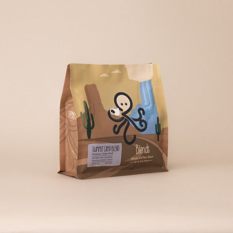 Angled view of Sipnode Summit Camp Blend whole bean coffee bag featuring a dark roast blend from Guatemala and Ethiopia.