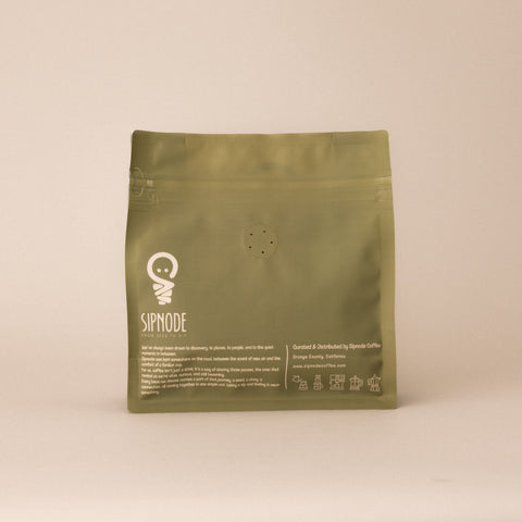 Back of Sipnode single origin coffee bag with brewing guide and brand information