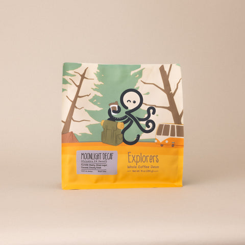 Front view of Sipnode Moonlight Decaf whole bean coffee bag featuring naturally decaffeinated Colombian coffee from the Explorers collection.
