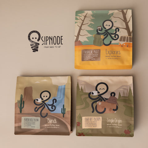 Sipnode specialty coffee lineup with Blends, Single Origin and Explorers whole bean coffee bags beside the Sipnode logo.