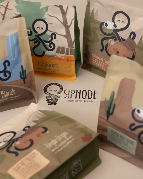 Sipnode specialty coffee collection featuring blends, single origins and experimental whole bean coffees