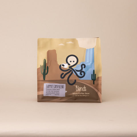 Sipnode Summit Camp Blend whole bean coffee bag, dark roast specialty coffee blend from Guatemala and Ethiopia.